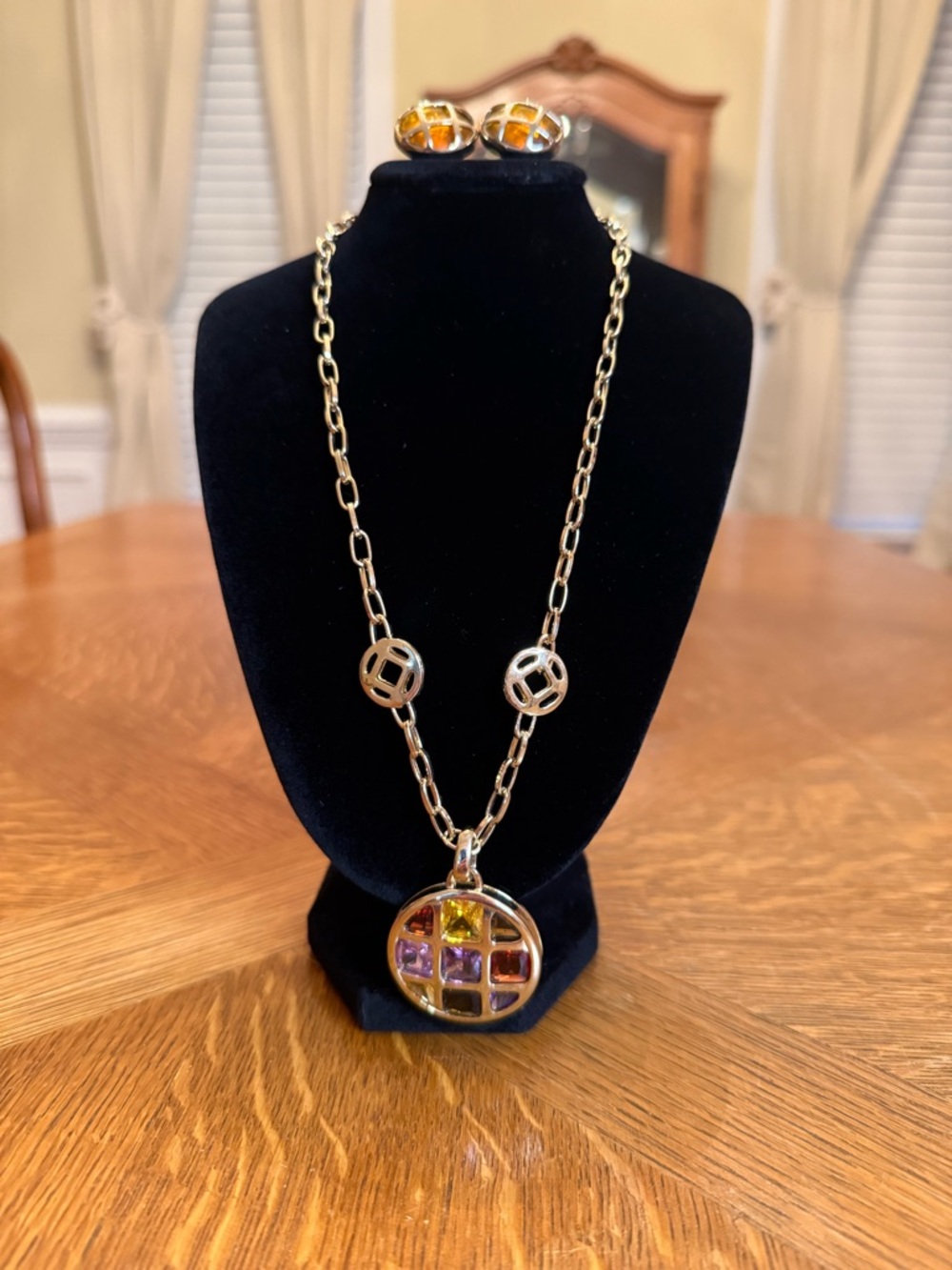 Gold-Tone Multi-Stone Pendant Necklace and Clip-On Earrings - Gold